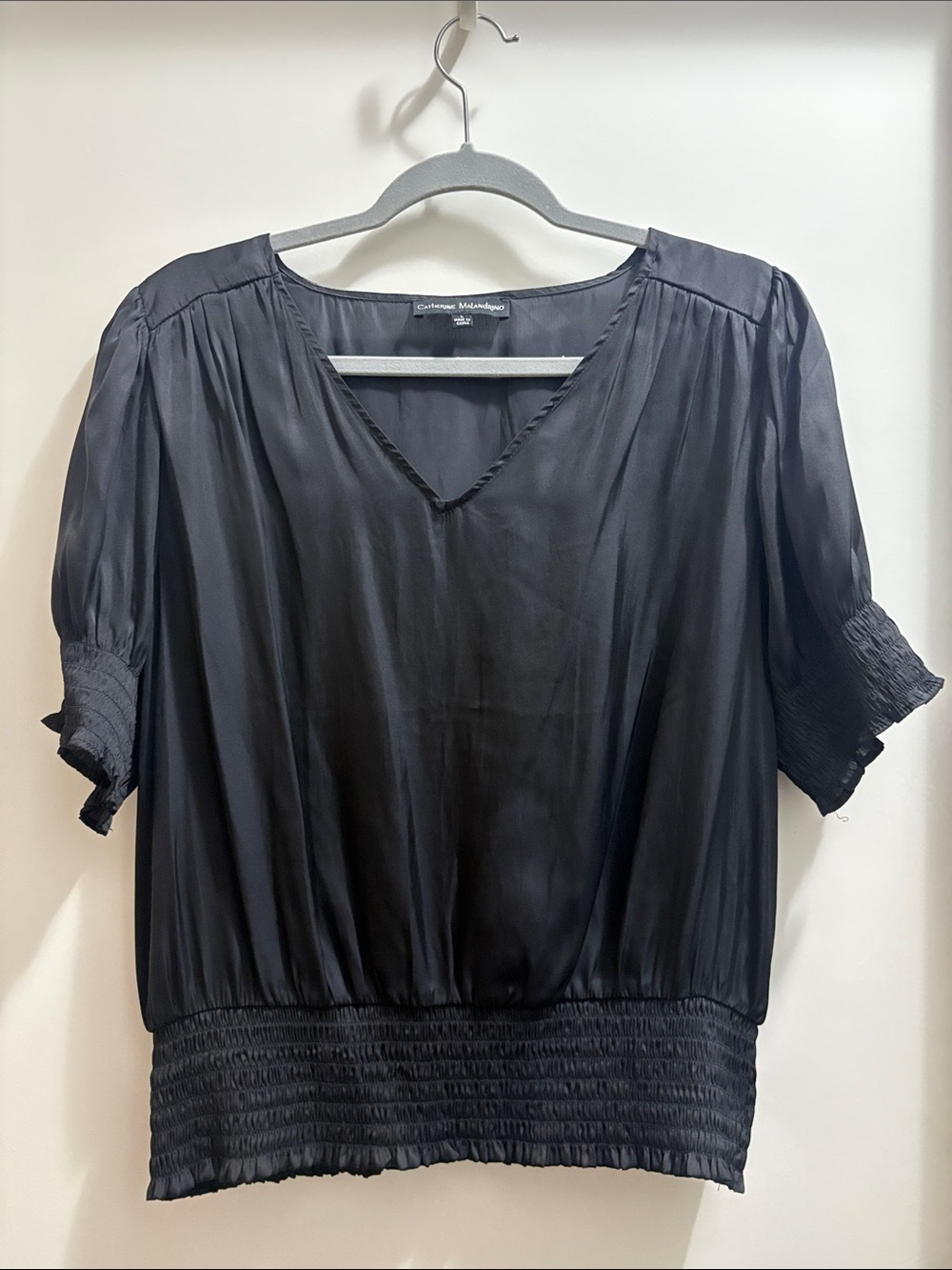Catherine Malandrino Black V-Neck Puff Sleeve Blouse with Smocked Hem